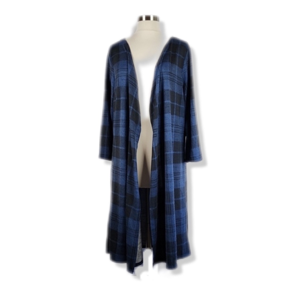 Studio 1885 Navy Blue Buffalo Plaid Longline Open Front Cardigan Duster XL